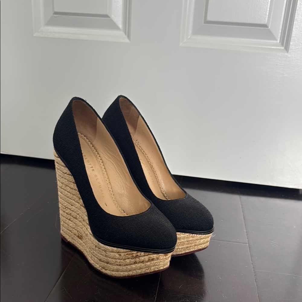 Charlotte Olympia Black and Tan Wedge Heels